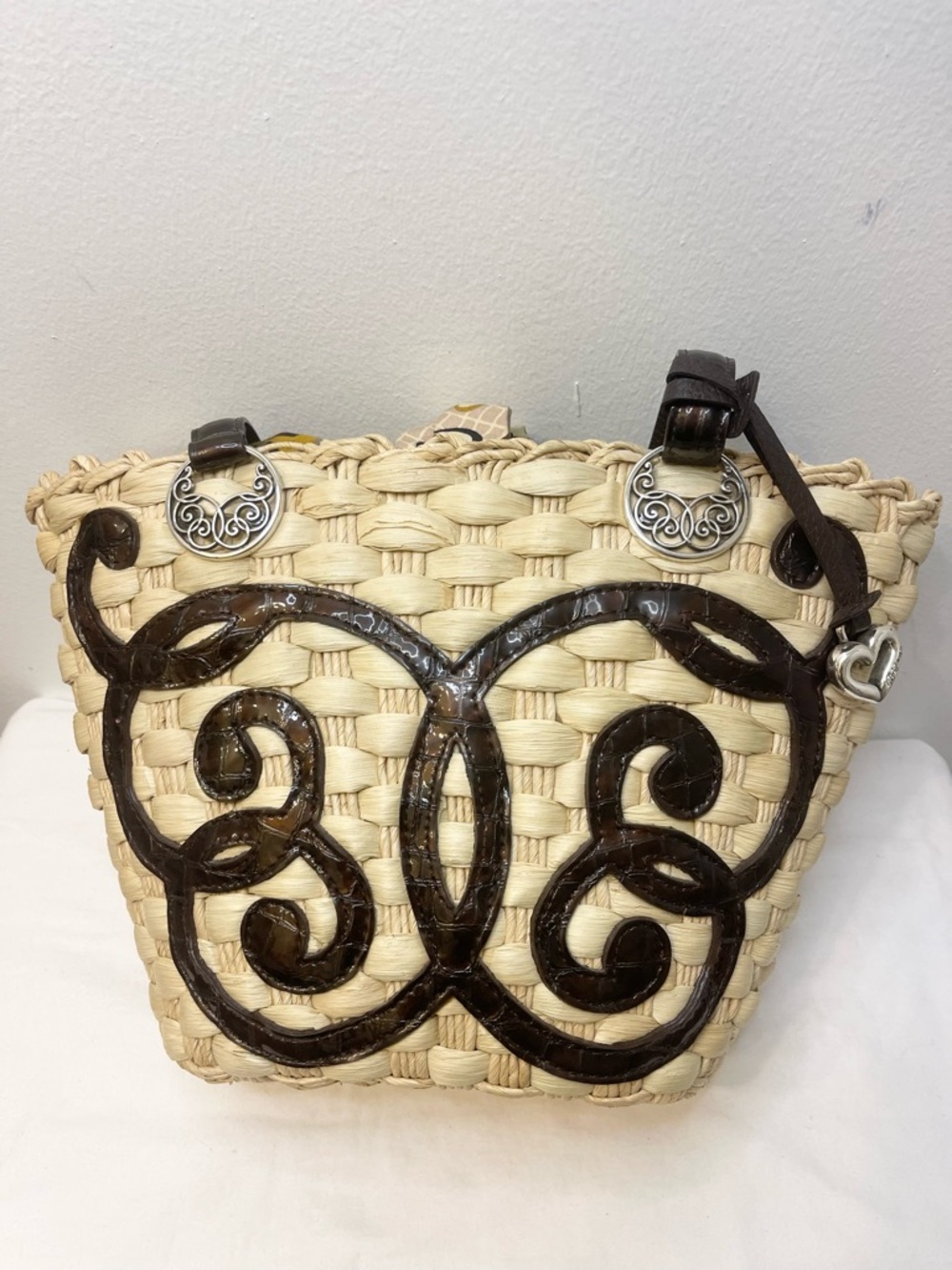 Brighton “Lyric “ Woven Straw Tote with Dark Brown Leather Trim and Heart Charm - Picture 13 of 13